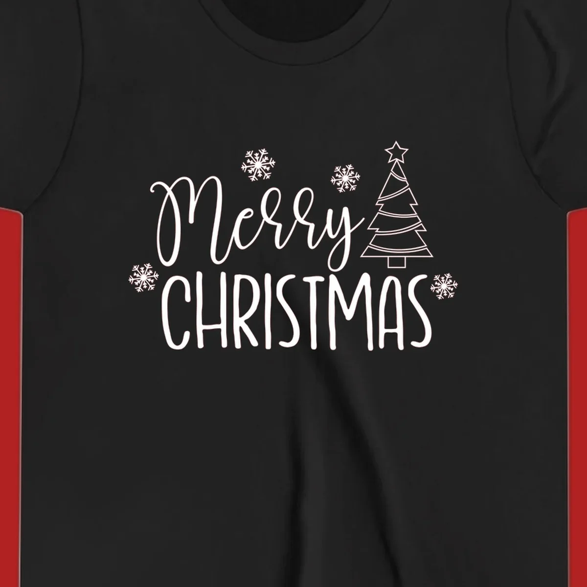 Merry Christmas script and block text with snowflakes and a Christmas tree.