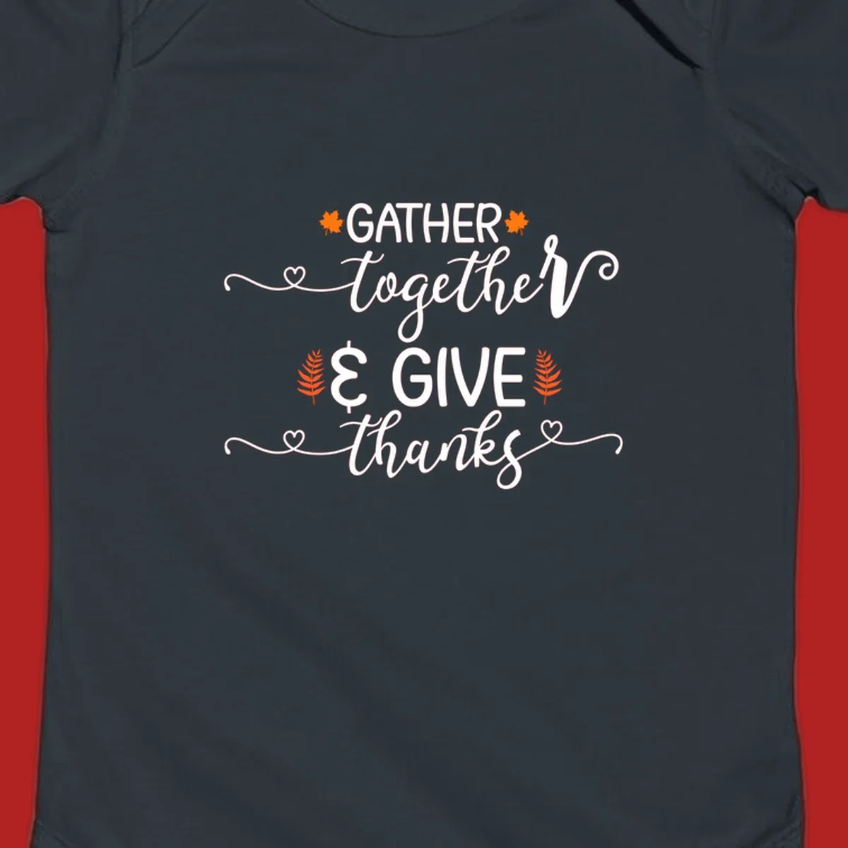 Thanksgiving gather give thanks text with autumn leaves and hearts