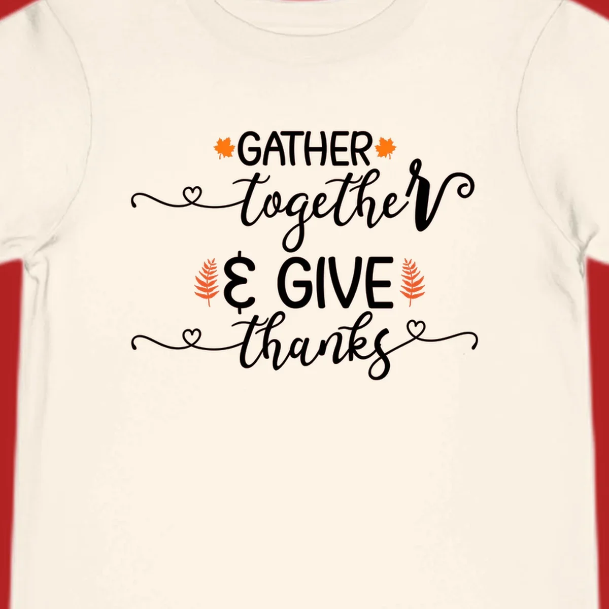 Thanksgiving gather give thanks text with autumn leaves and hearts