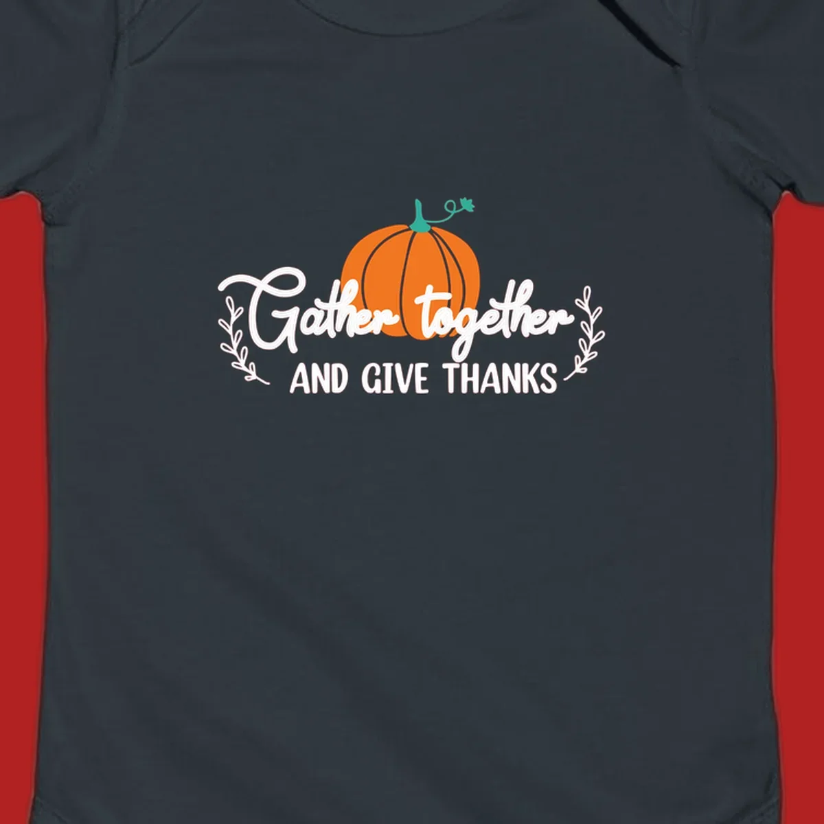 Gather together and give thanks pumpkin design with leafy branches, for Thanksgiving.