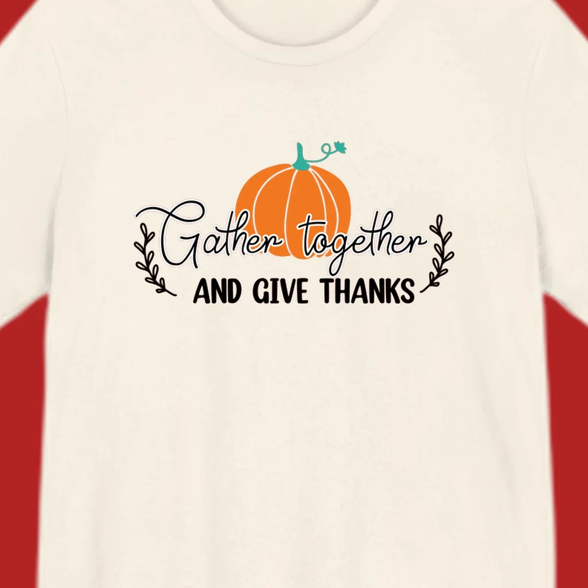 Gather together and give thanks pumpkin design with leafy branches, for Thanksgiving.