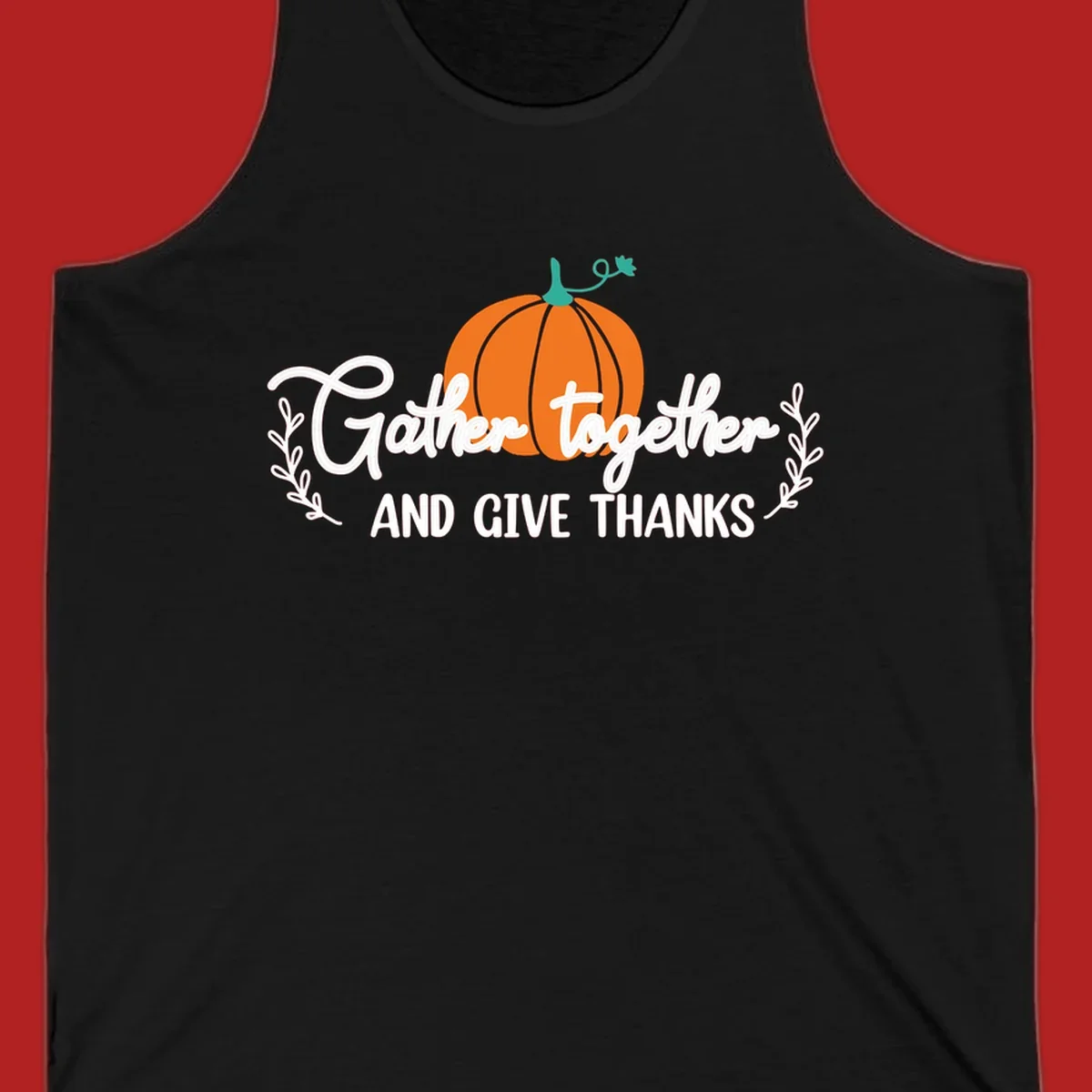 Gather together and give thanks pumpkin design with leafy branches, for Thanksgiving.