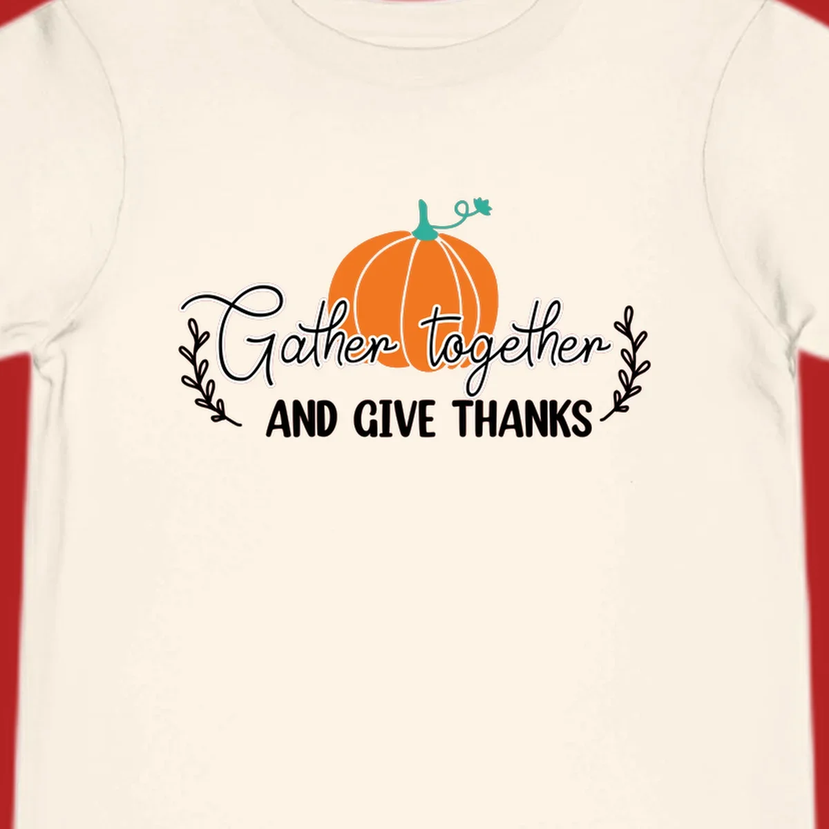 Gather together and give thanks pumpkin design with leafy branches, for Thanksgiving.