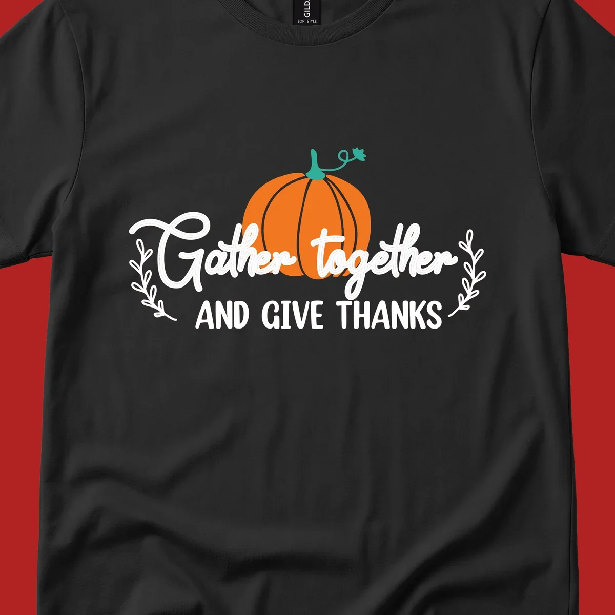 Gather together and give thanks pumpkin design with leafy branches, for Thanksgiving.