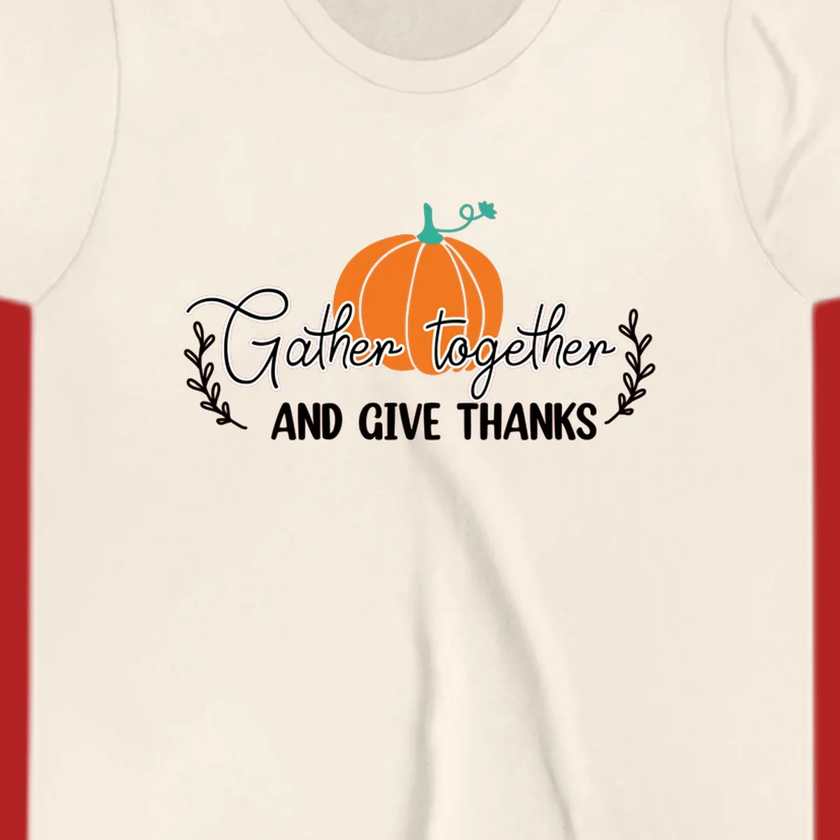 Gather together and give thanks pumpkin design with leafy branches, for Thanksgiving.