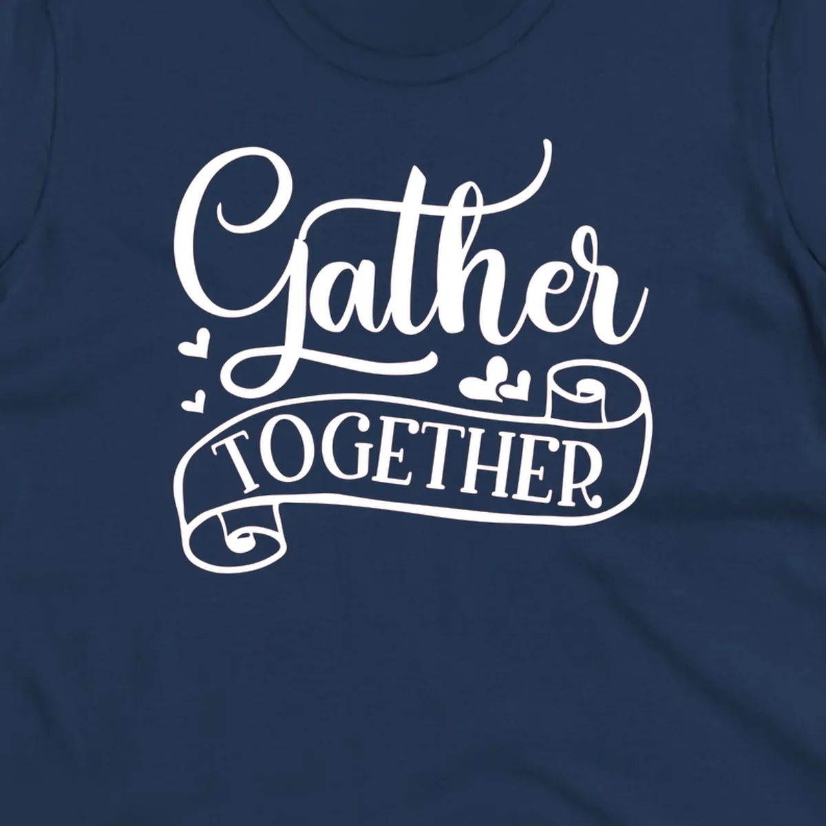 Gather Together text with heart accents, white on black background.
