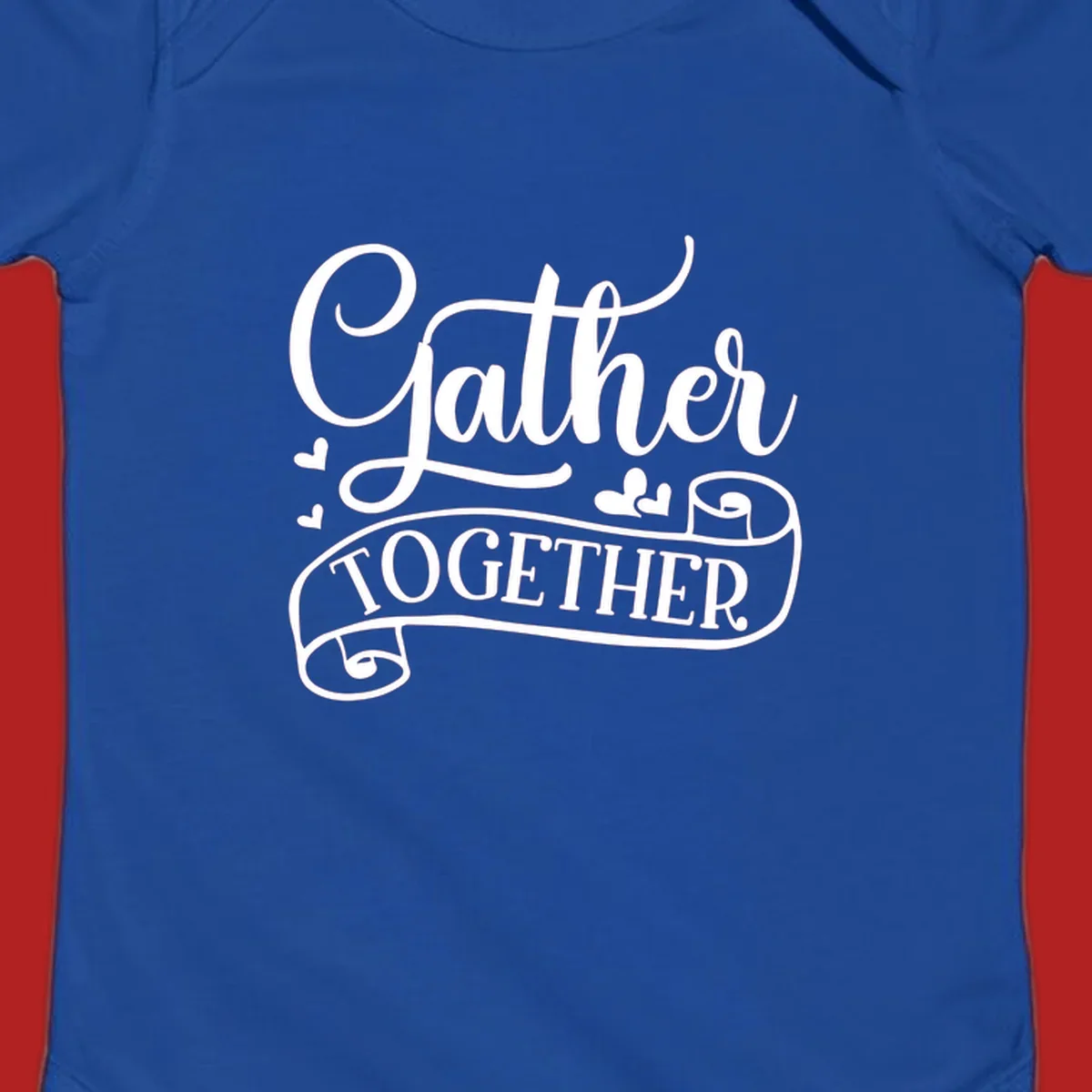 Gather Together text with heart accents, white on black background.