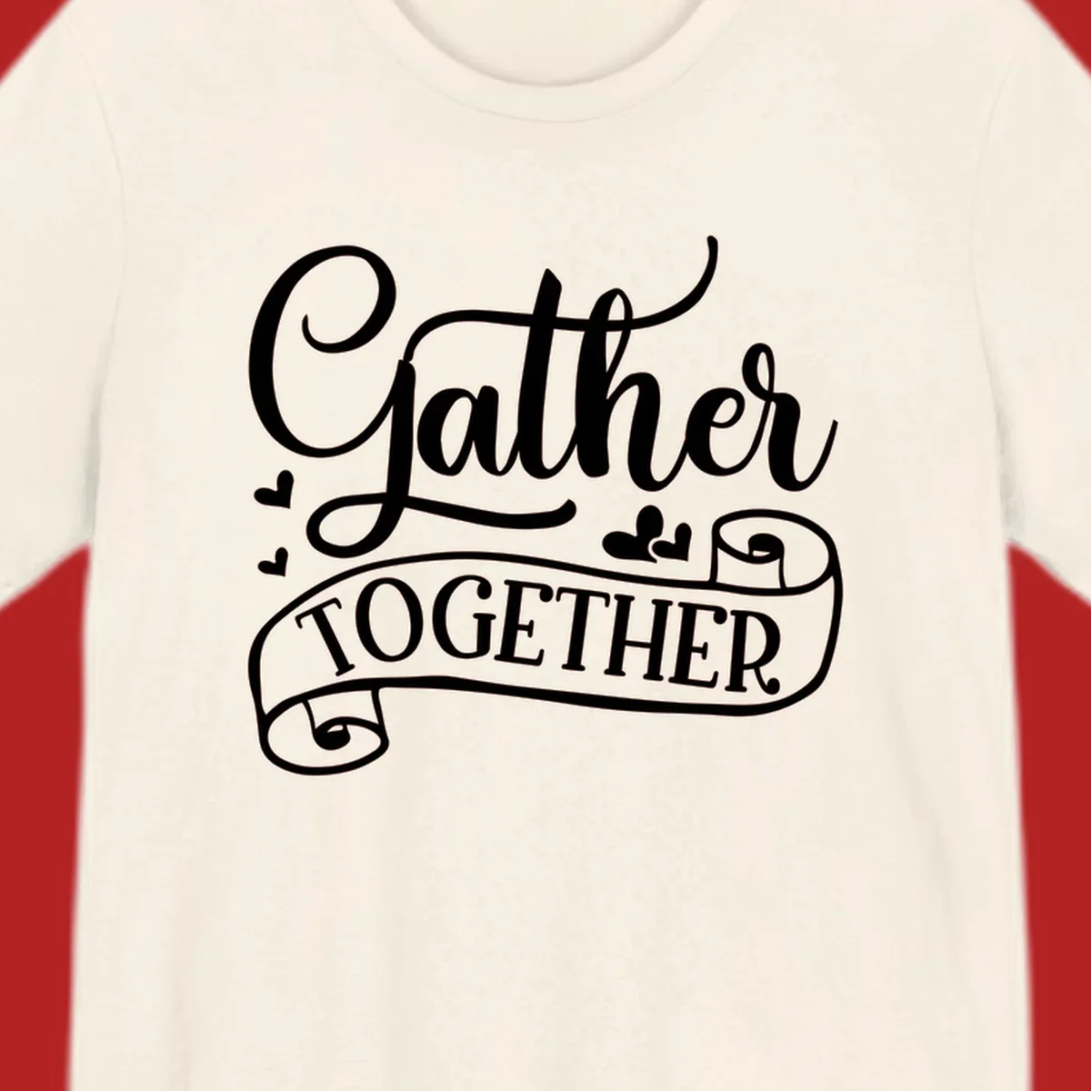 Gather Together text with heart accents, white on black background.