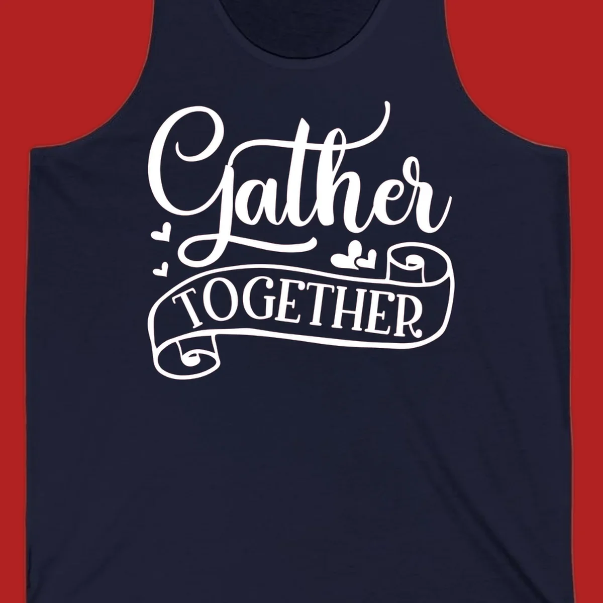 Gather Together text with heart accents, white on black background.