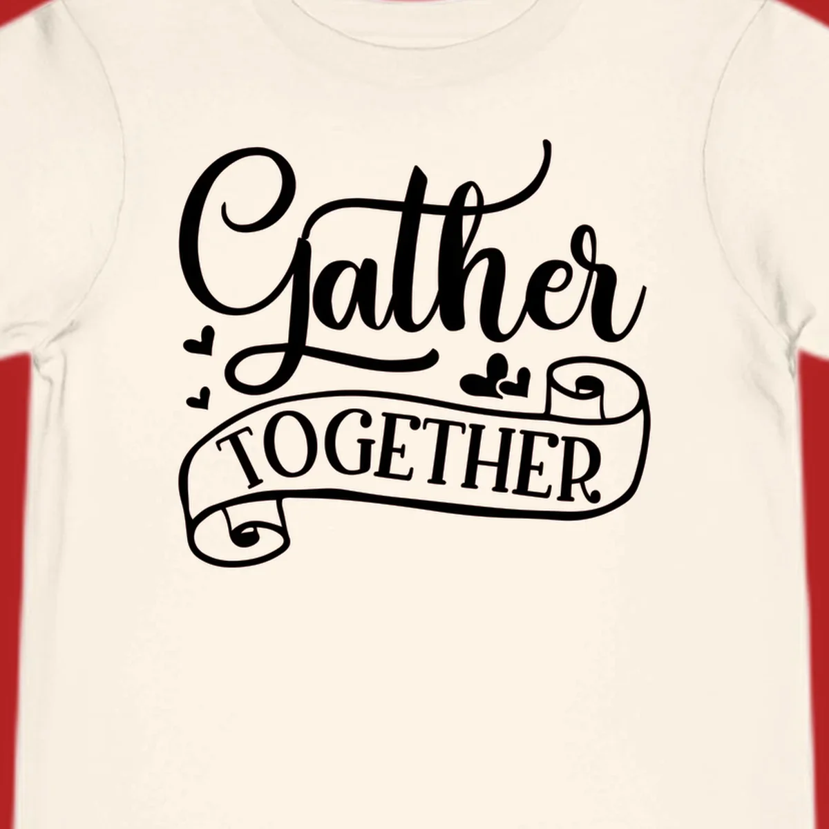 Gather Together text with heart accents, white on black background.