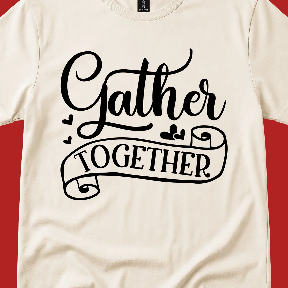 Gather Together text with heart accents, white on black background.