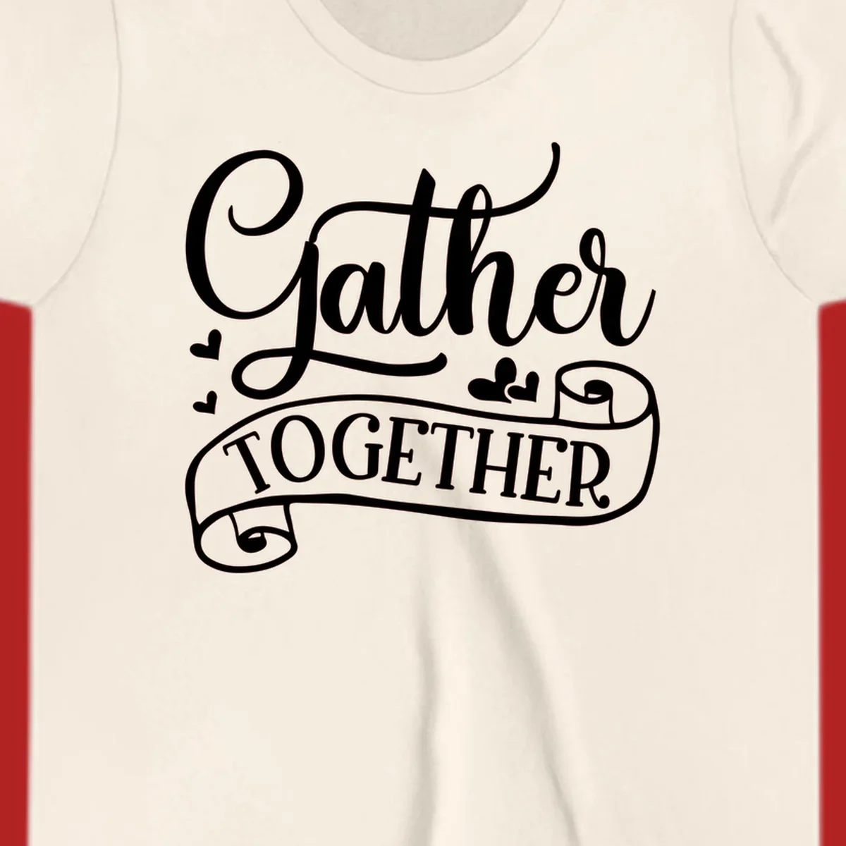 Gather Together text with heart accents, white on black background.