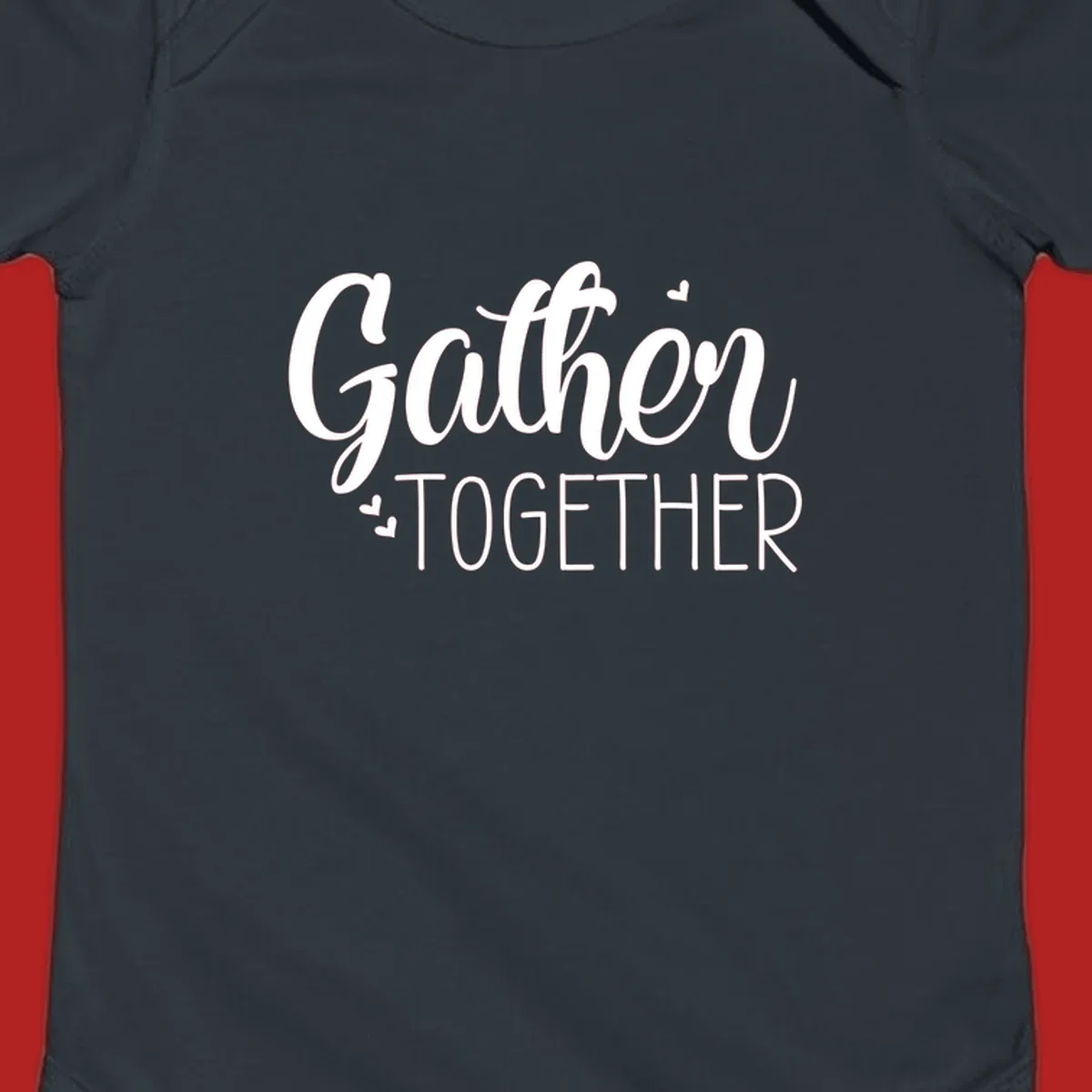 Gather Together text with hearts, white typography on black background.