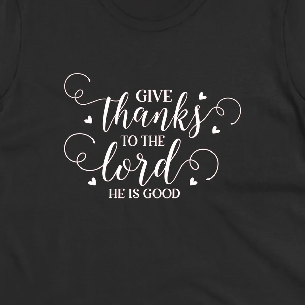 Give Thanks To The Lord Christian Typography design with white lettering and decorative hearts.