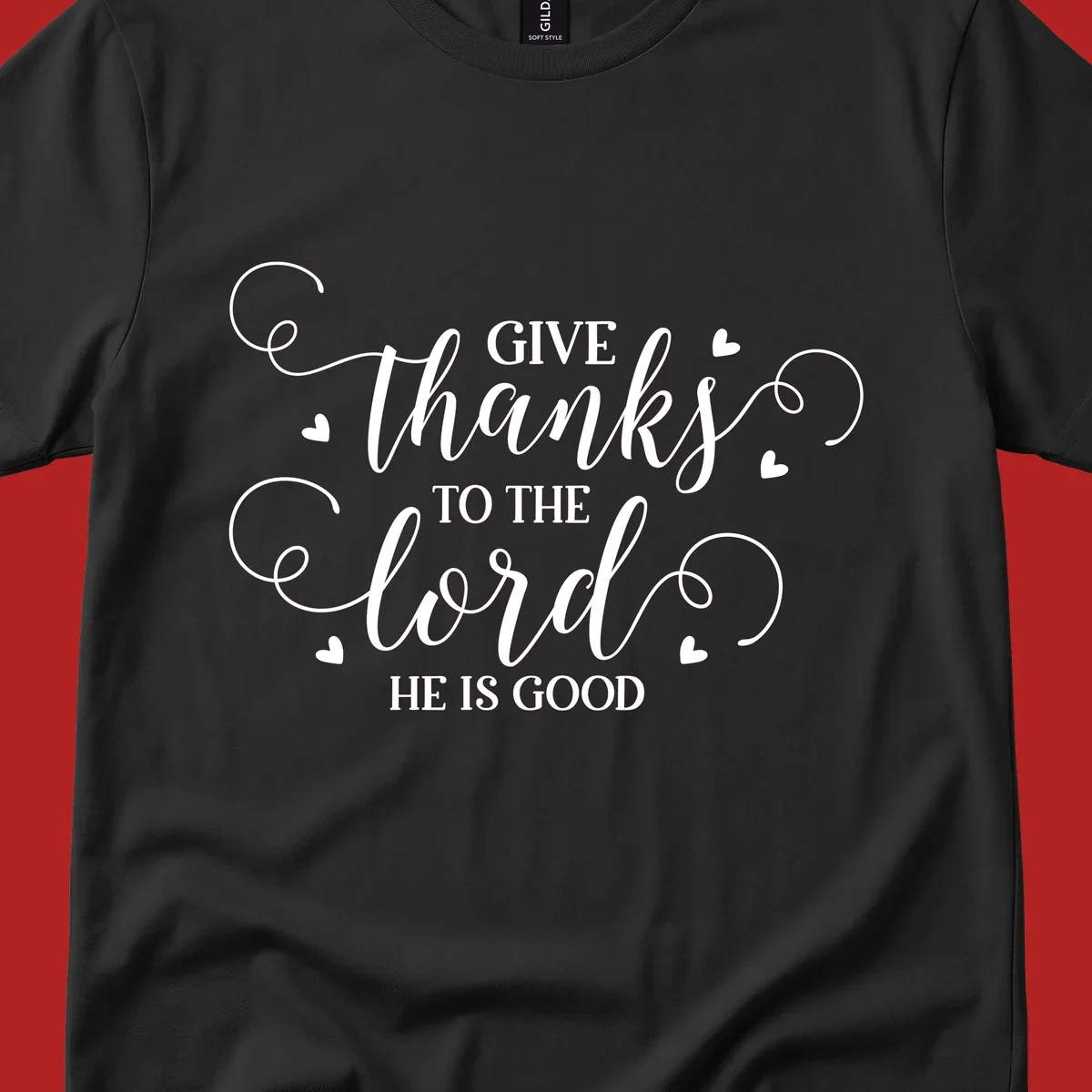 Give Thanks To The Lord Christian Typography design with white lettering and decorative hearts.