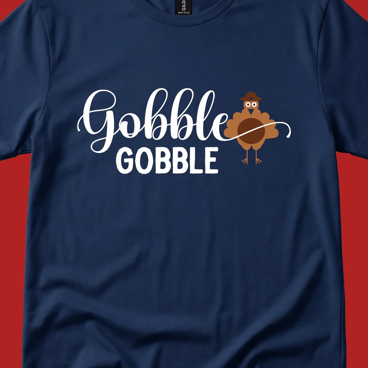 Gobble Gobble Thanksgiving turkey graphic tee design with text and illustration.