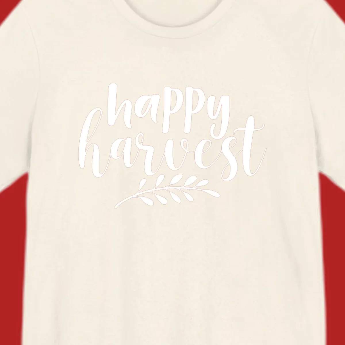 Happy Harvest text with fall leaves graphic, white on black background