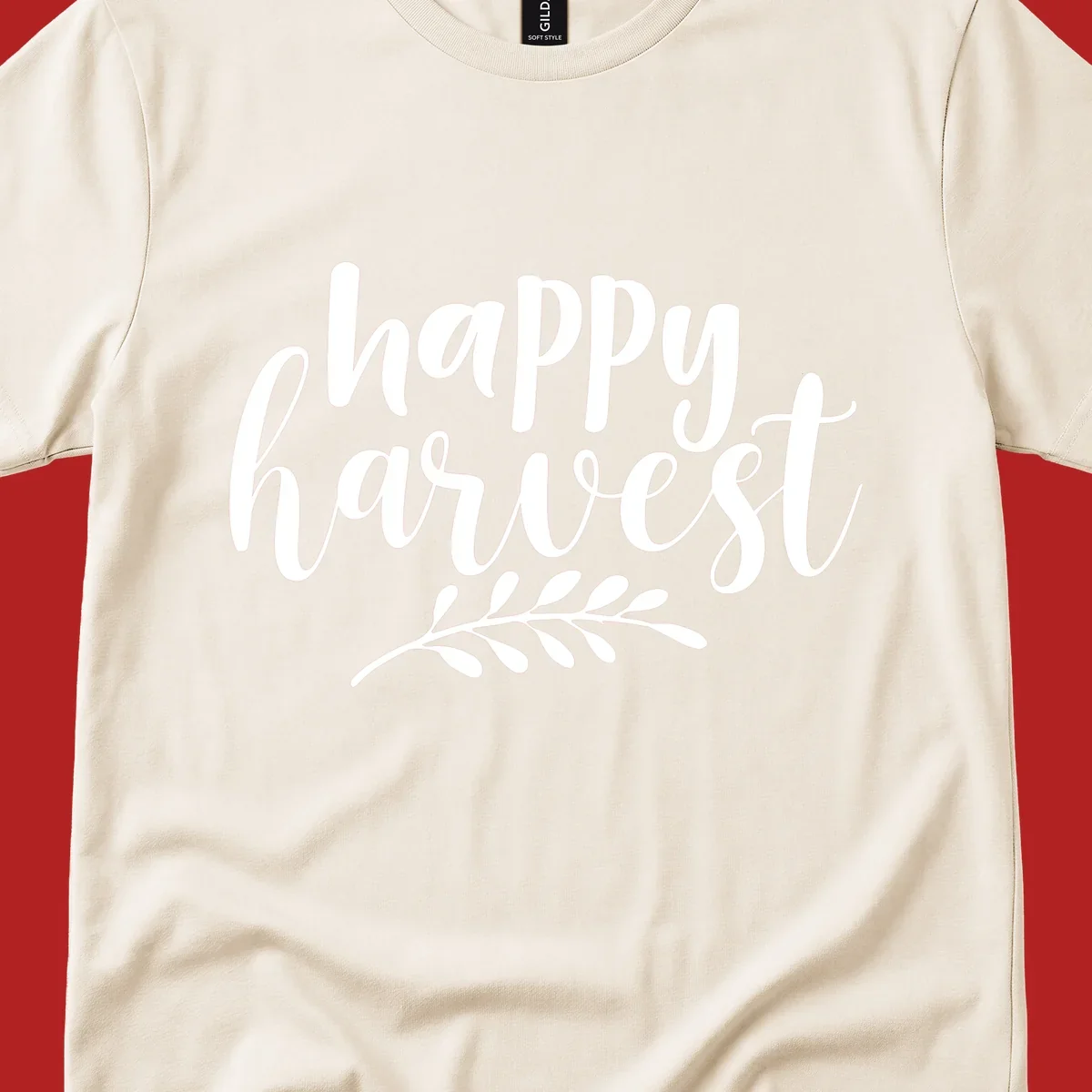 Happy Harvest text with fall leaves graphic, white on black background