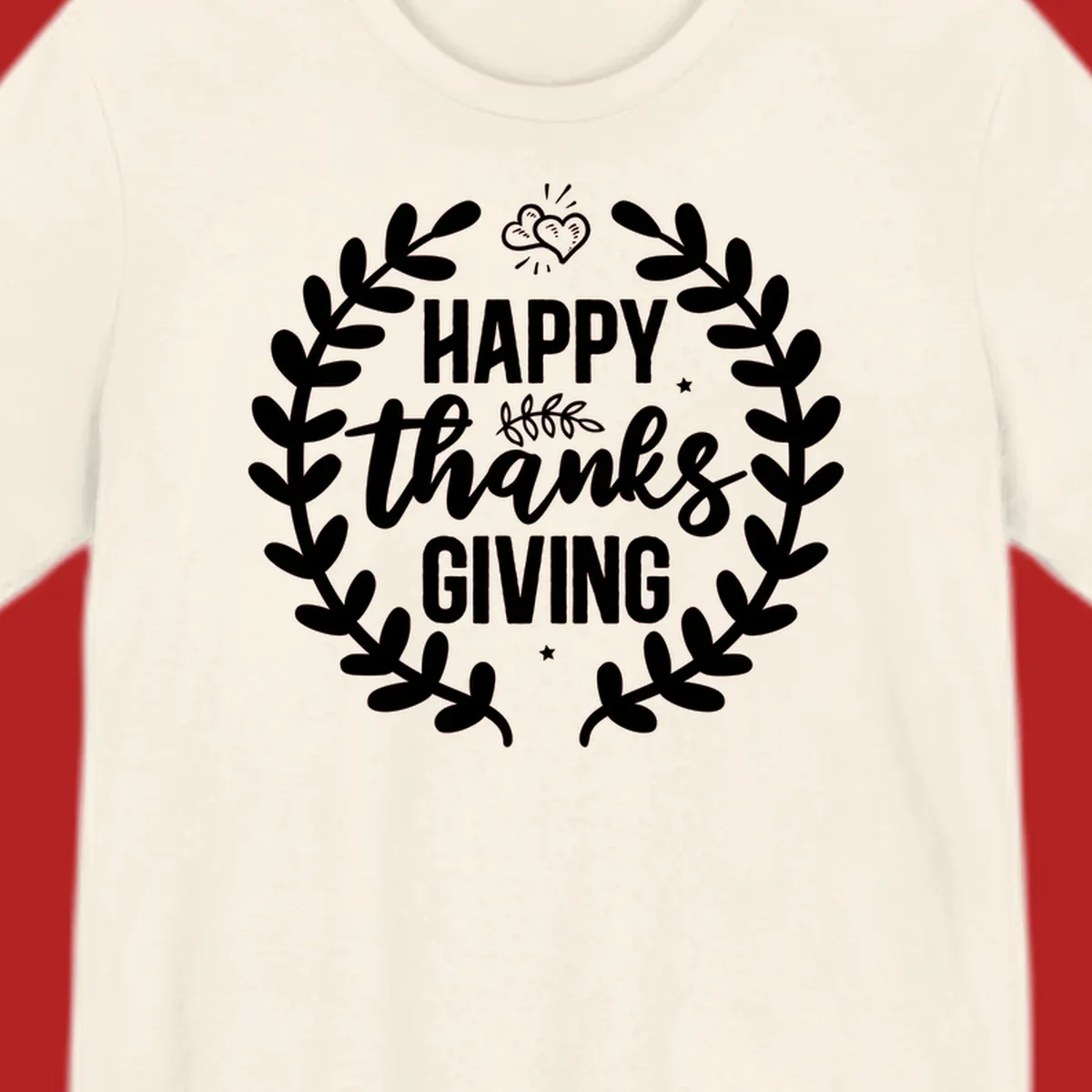 Happy Thanksgiving lettering inside a laurel wreath with hearts and stars.
