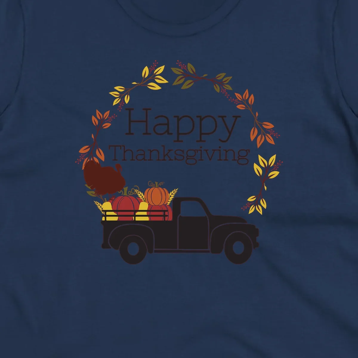 Happy Thanksgiving text with a vintage truck, pumpkins, and fall wreath. Thanksgiving-truck-pumpkins.