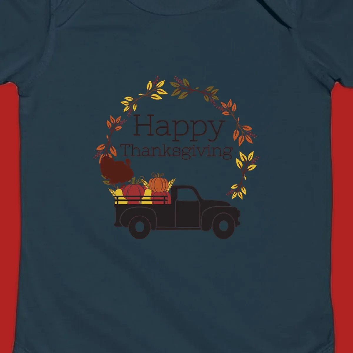 Happy Thanksgiving text with a vintage truck, pumpkins, and fall wreath. Thanksgiving-truck-pumpkins.