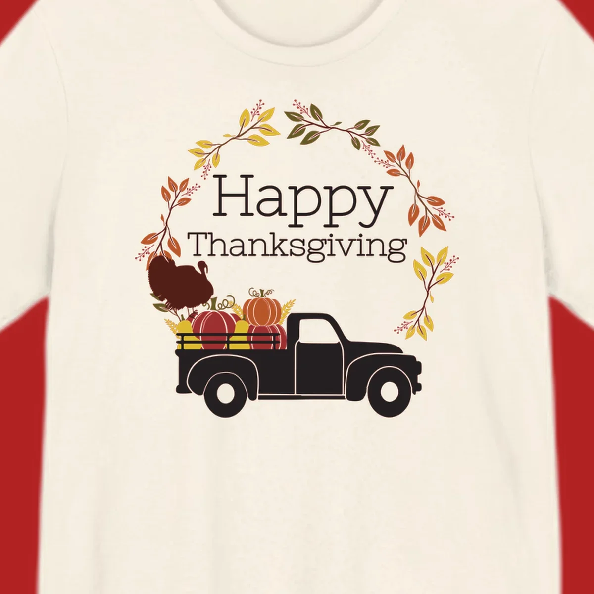 Happy Thanksgiving text with a vintage truck, pumpkins, and fall wreath. Thanksgiving-truck-pumpkins.