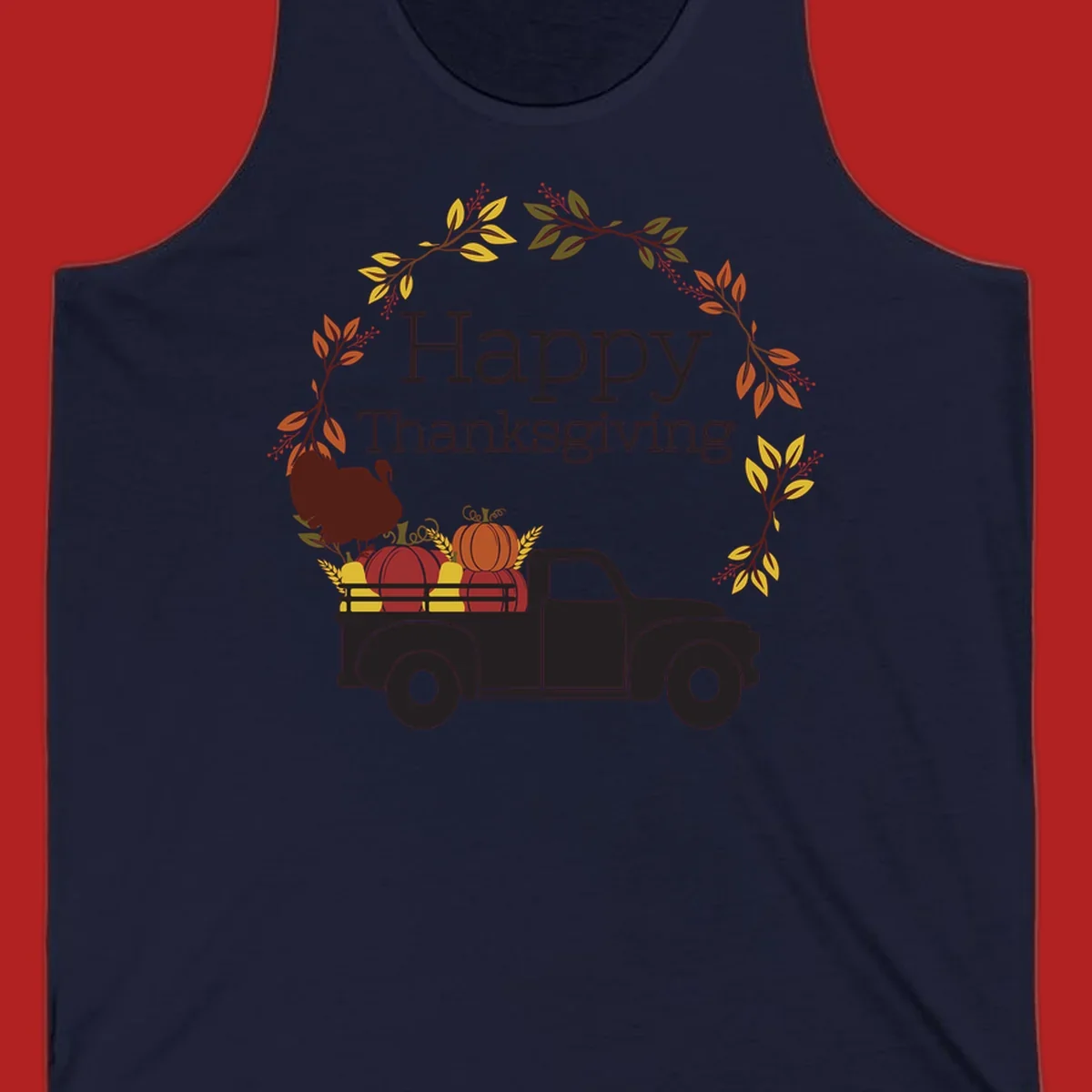 Happy Thanksgiving text with a vintage truck, pumpkins, and fall wreath. Thanksgiving-truck-pumpkins.
