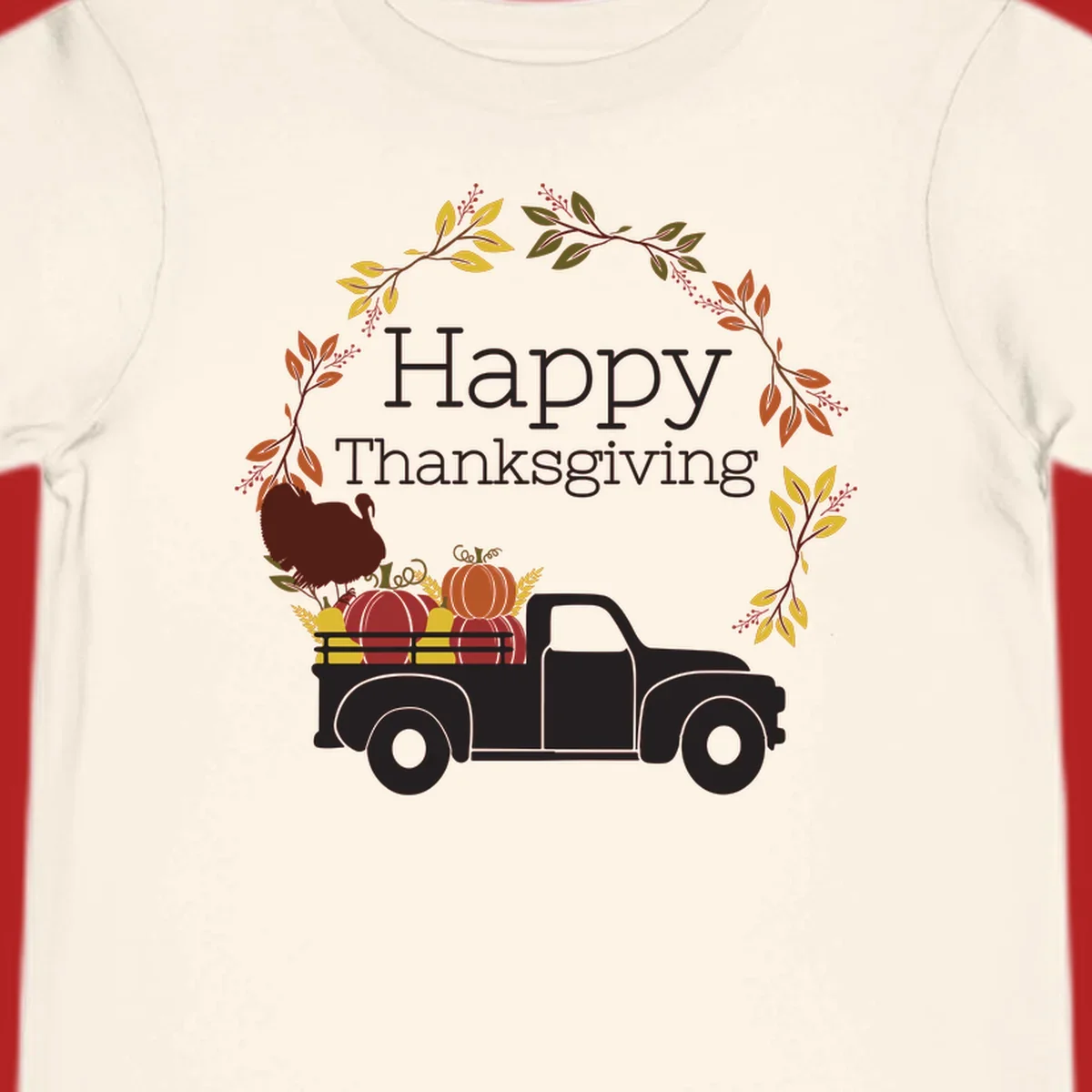 Happy Thanksgiving text with a vintage truck, pumpkins, and fall wreath. Thanksgiving-truck-pumpkins.