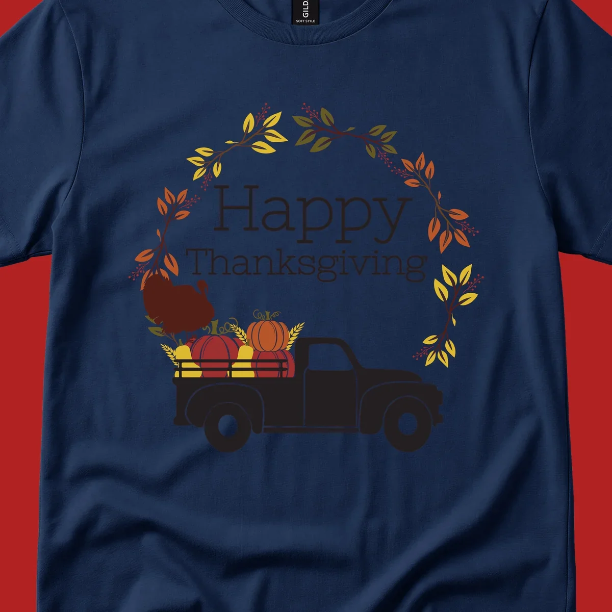 Happy Thanksgiving text with a vintage truck, pumpkins, and fall wreath. Thanksgiving-truck-pumpkins.