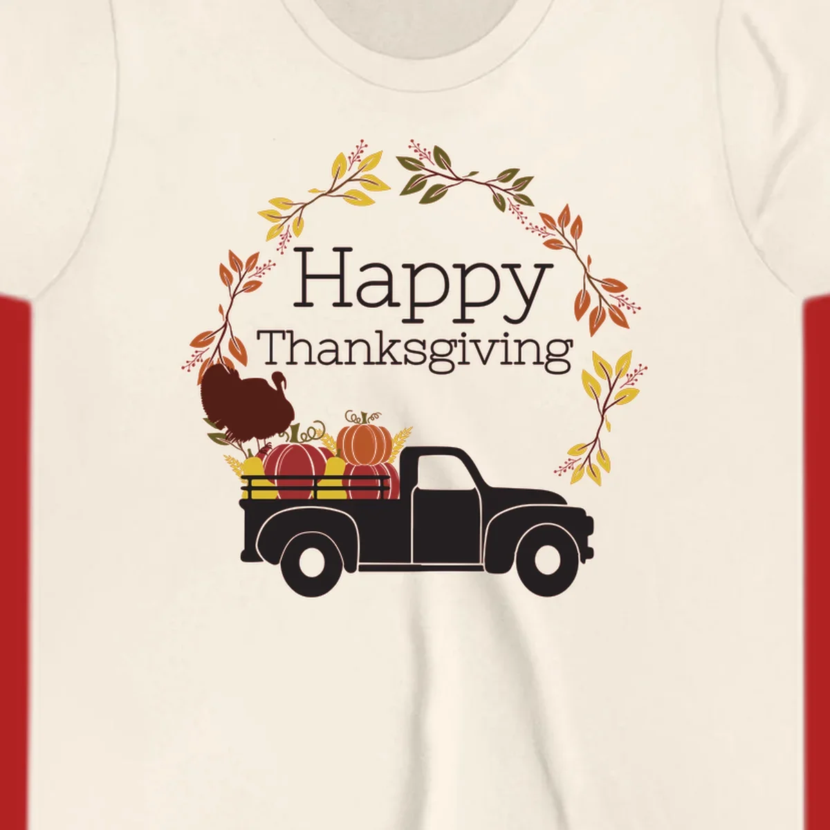 Happy Thanksgiving text with a vintage truck, pumpkins, and fall wreath. Thanksgiving-truck-pumpkins.