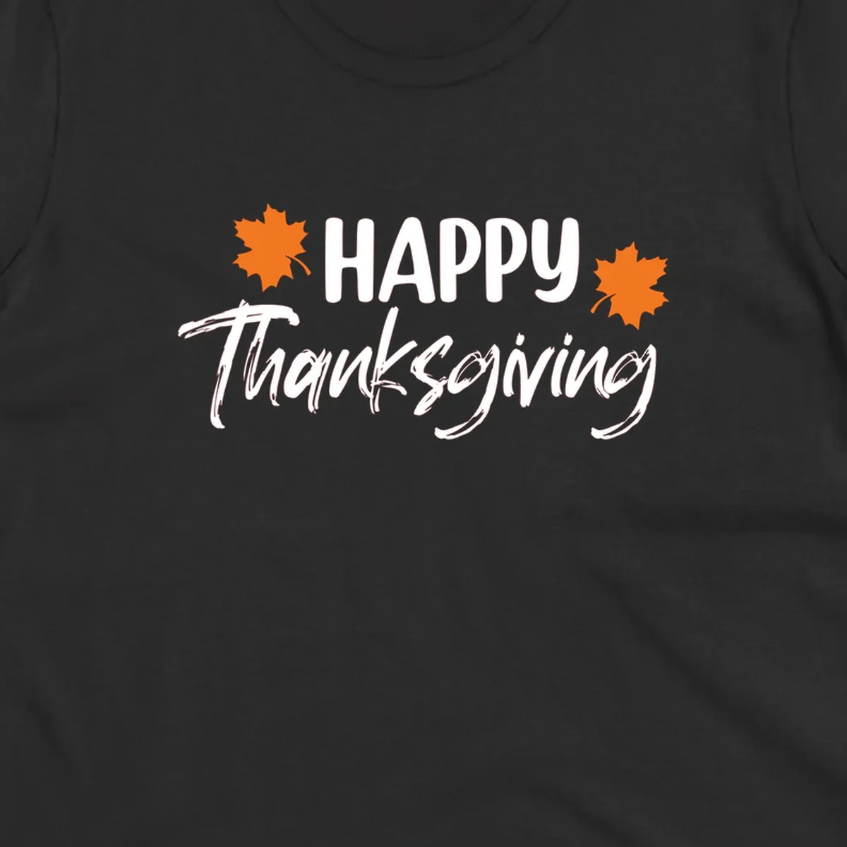 Happy Thanksgiving text with orange maple leaves, holiday design.
