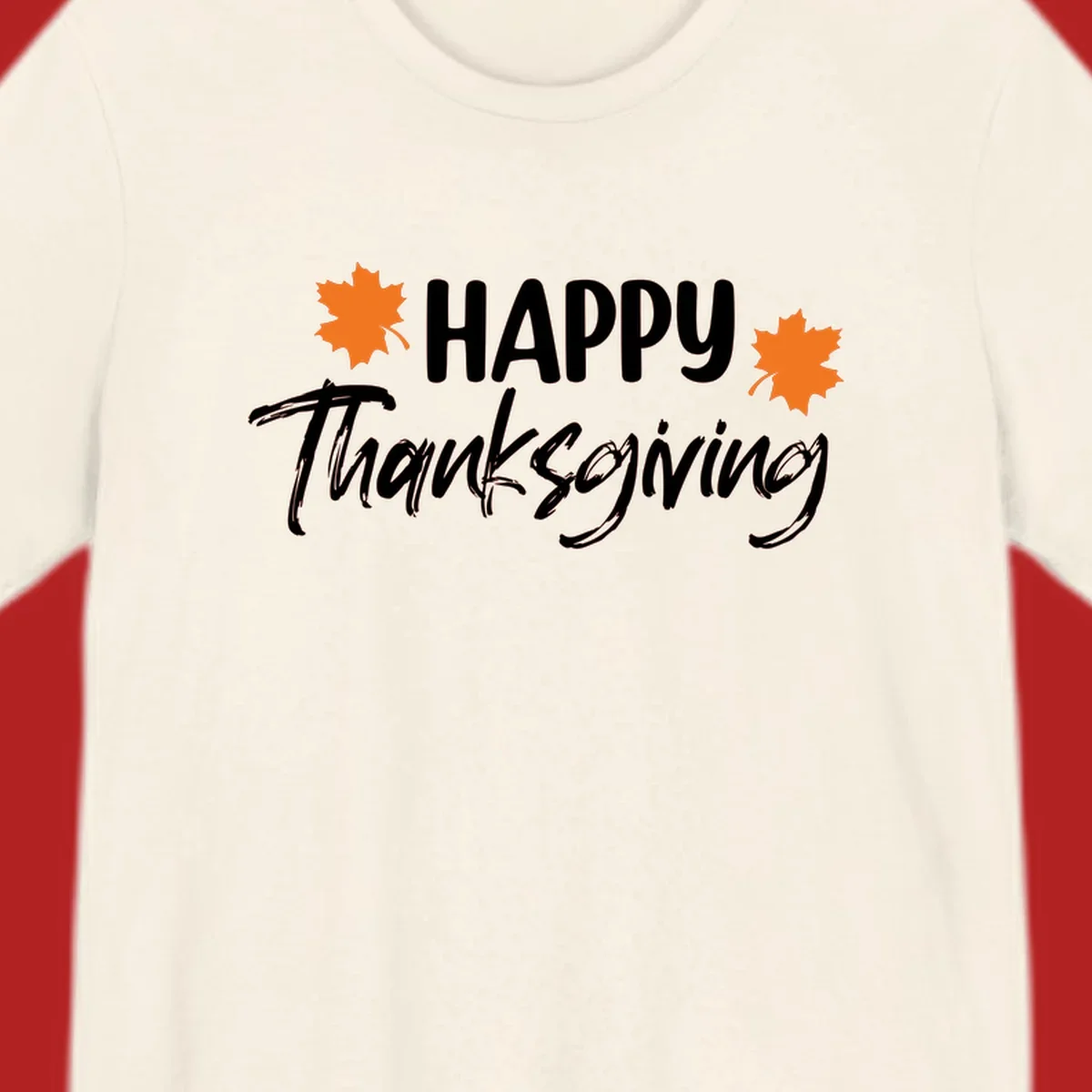Happy Thanksgiving text with orange maple leaves, holiday design.