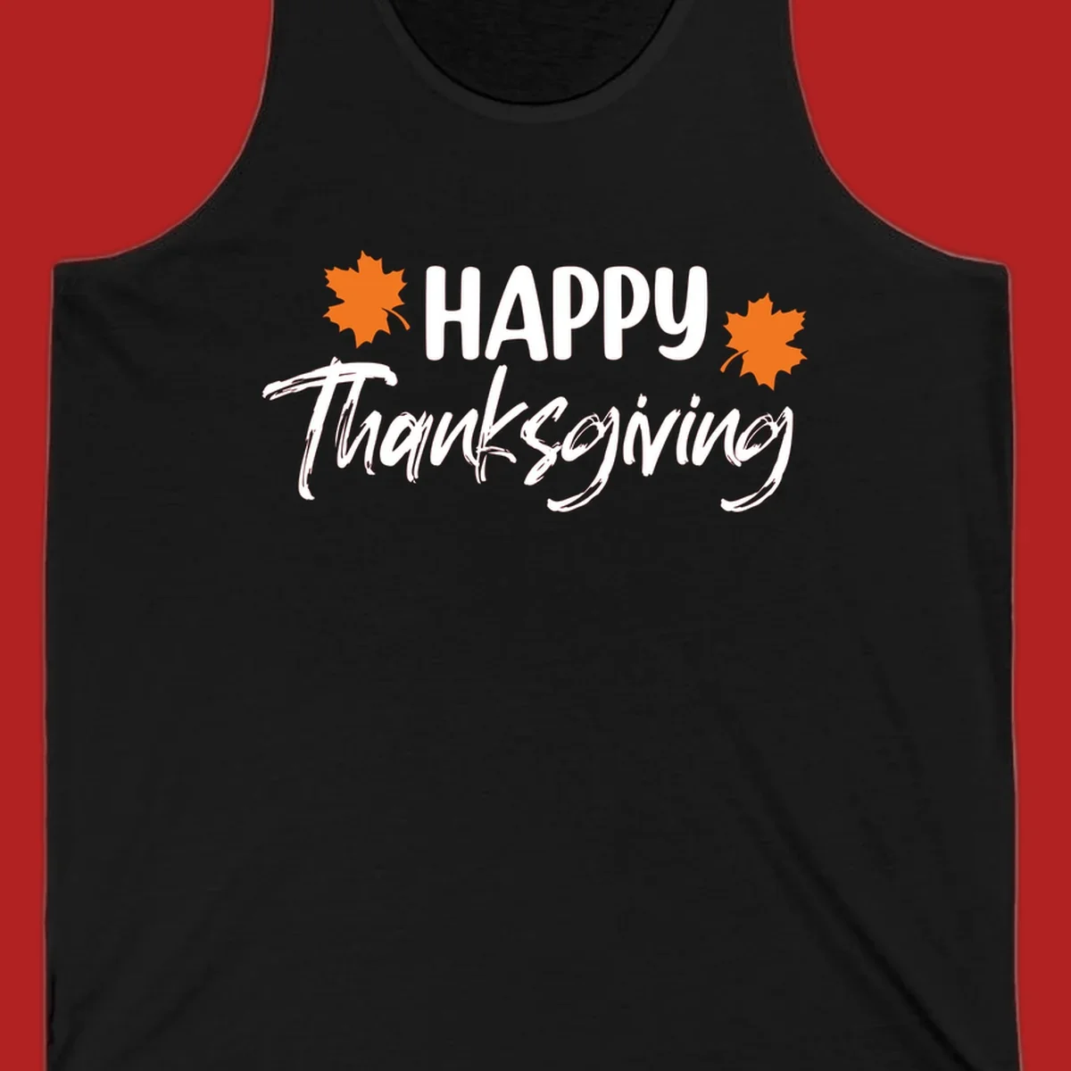 Happy Thanksgiving text with orange maple leaves, holiday design.