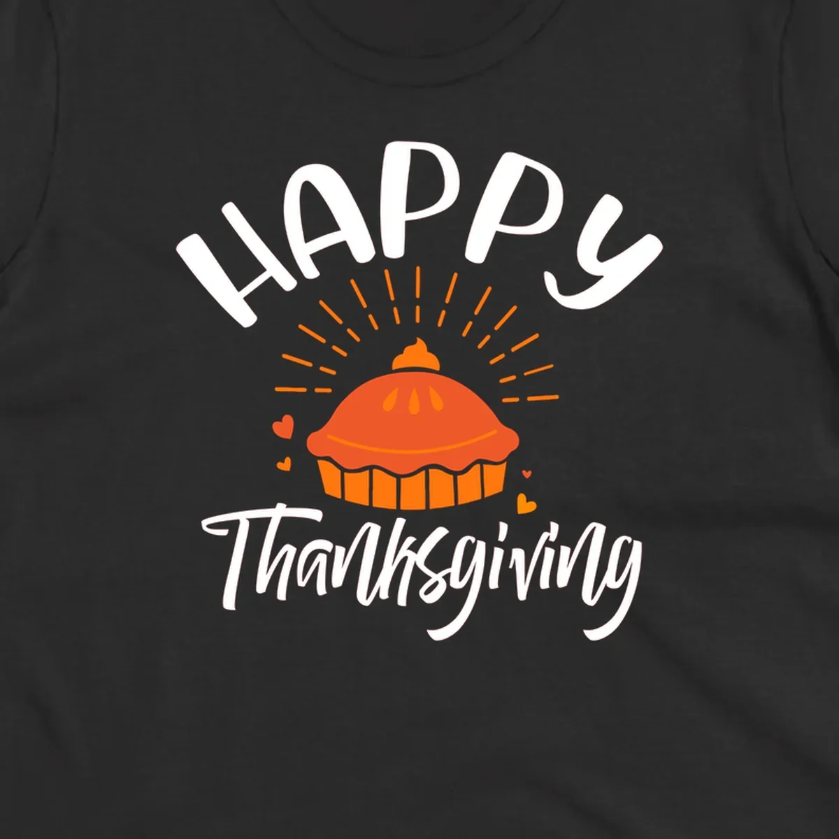Happy Thanksgiving text with a pie illustration and heart accents
