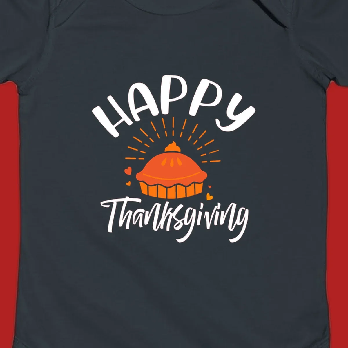 Happy Thanksgiving text with a pie illustration and heart accents