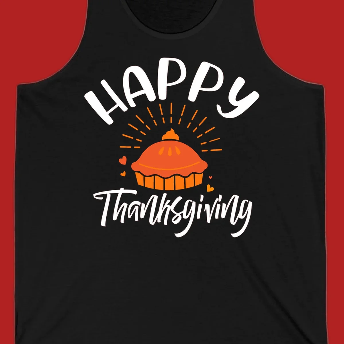 Happy Thanksgiving text with a pie illustration and heart accents