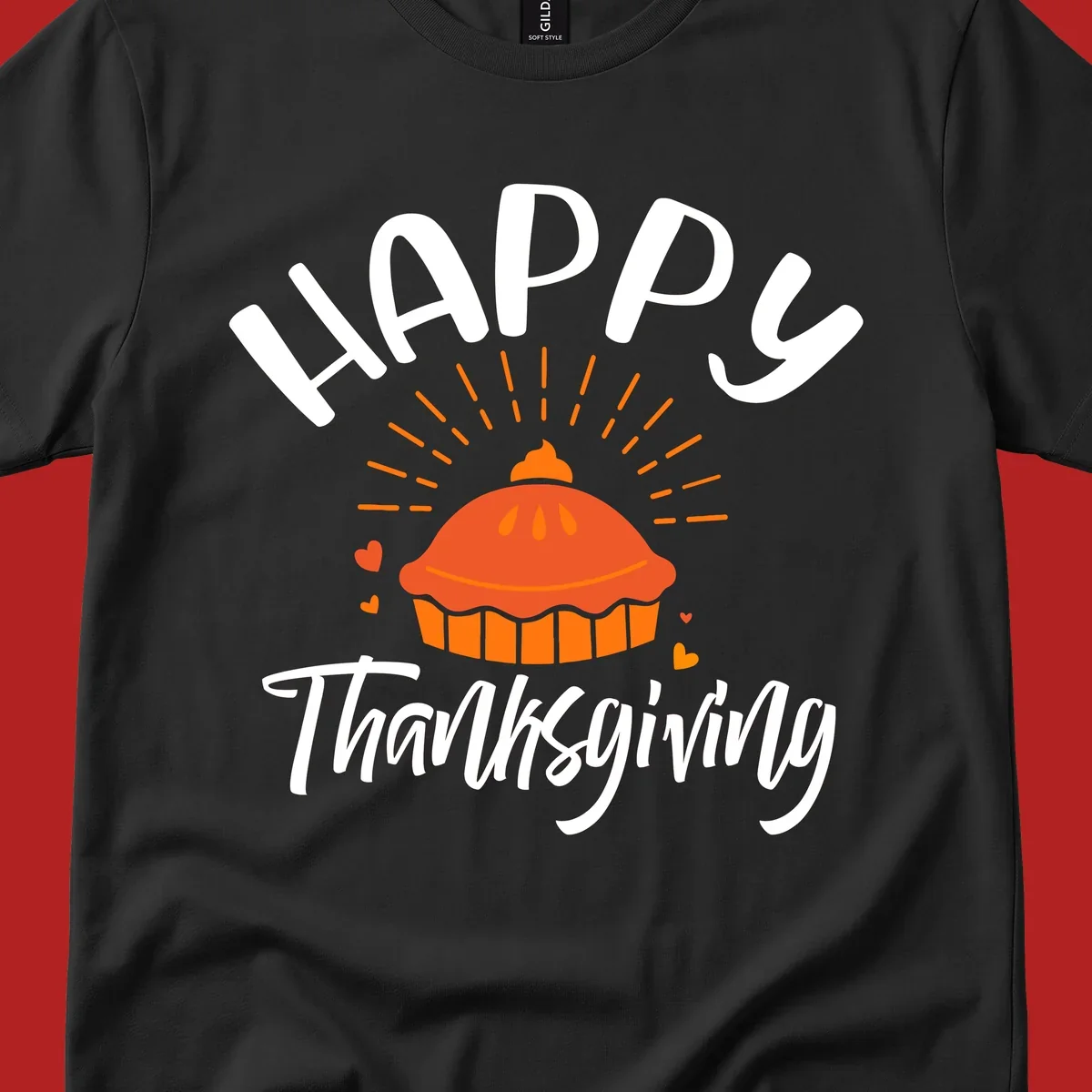 Happy Thanksgiving text with a pie illustration and heart accents