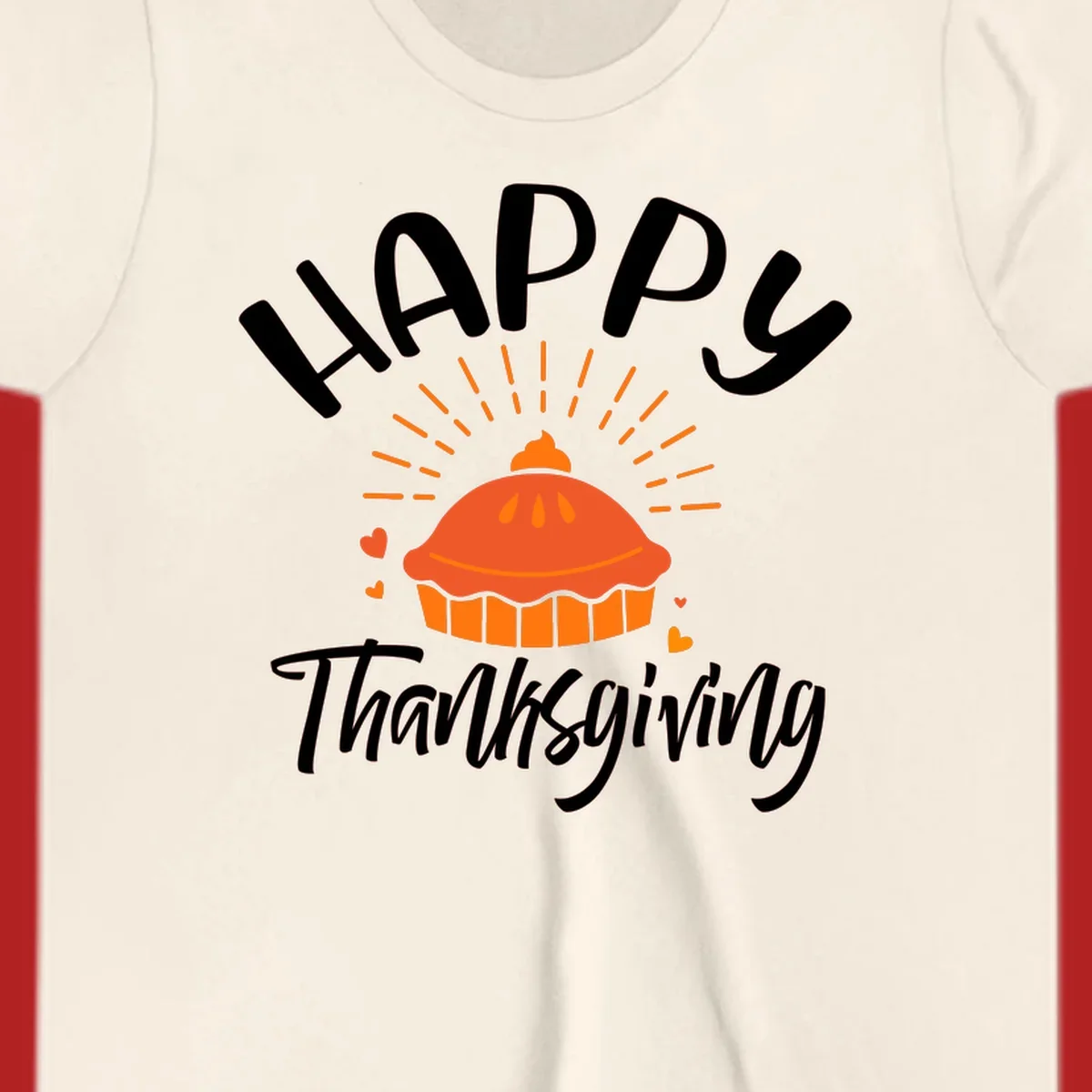 Happy Thanksgiving text with a pie illustration and heart accents