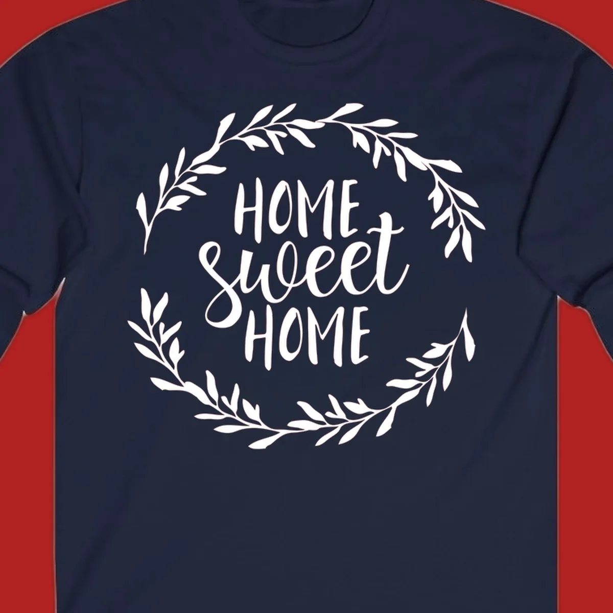 White 'Home Sweet Home' text with a floral wreath on a dark background.