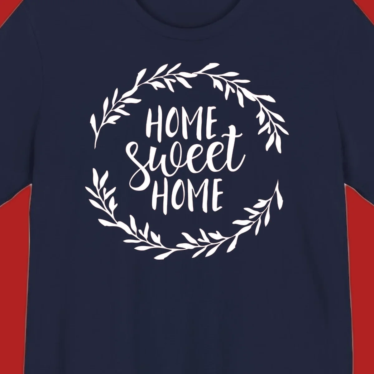 White 'Home Sweet Home' text with a floral wreath on a dark background.