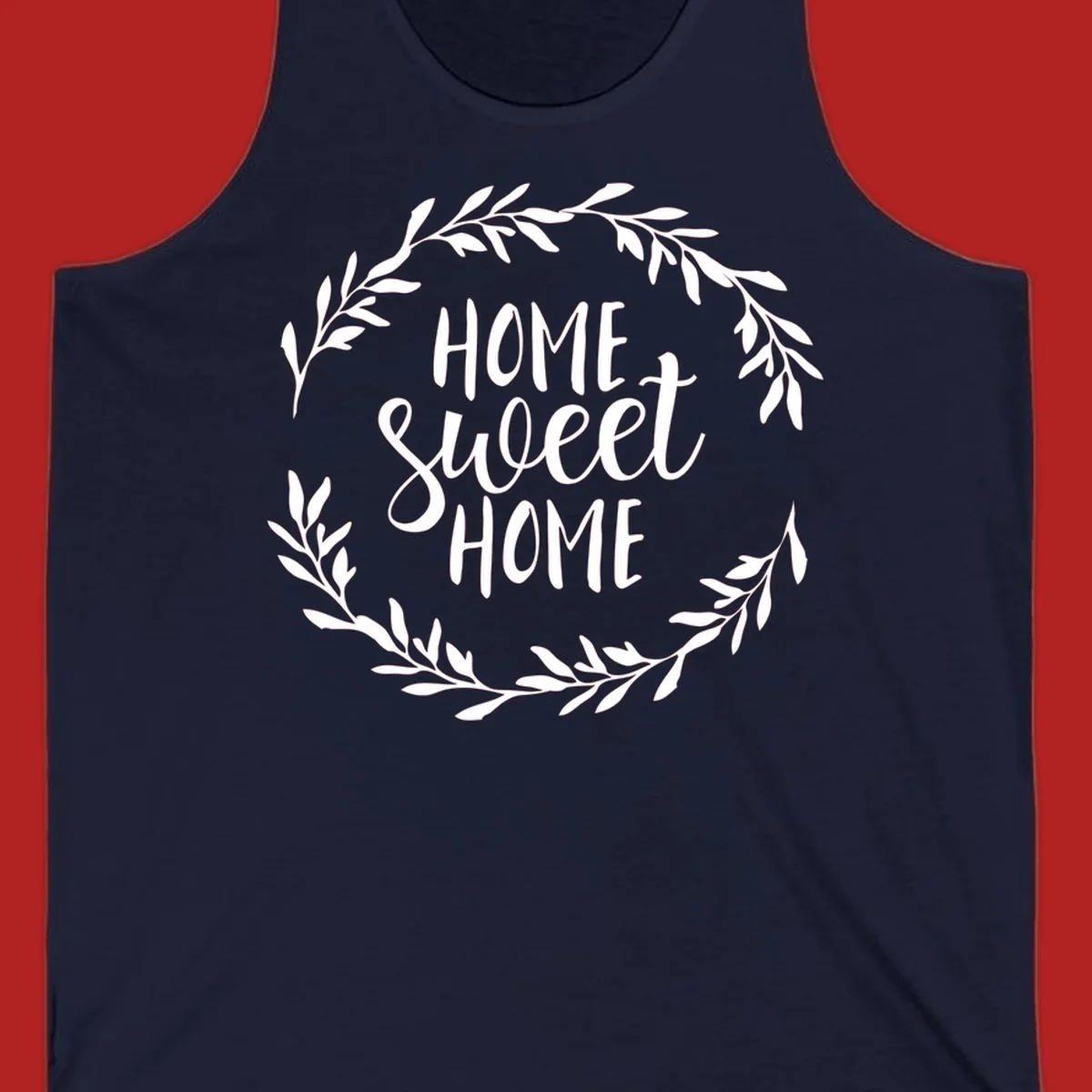 White 'Home Sweet Home' text with a floral wreath on a dark background.