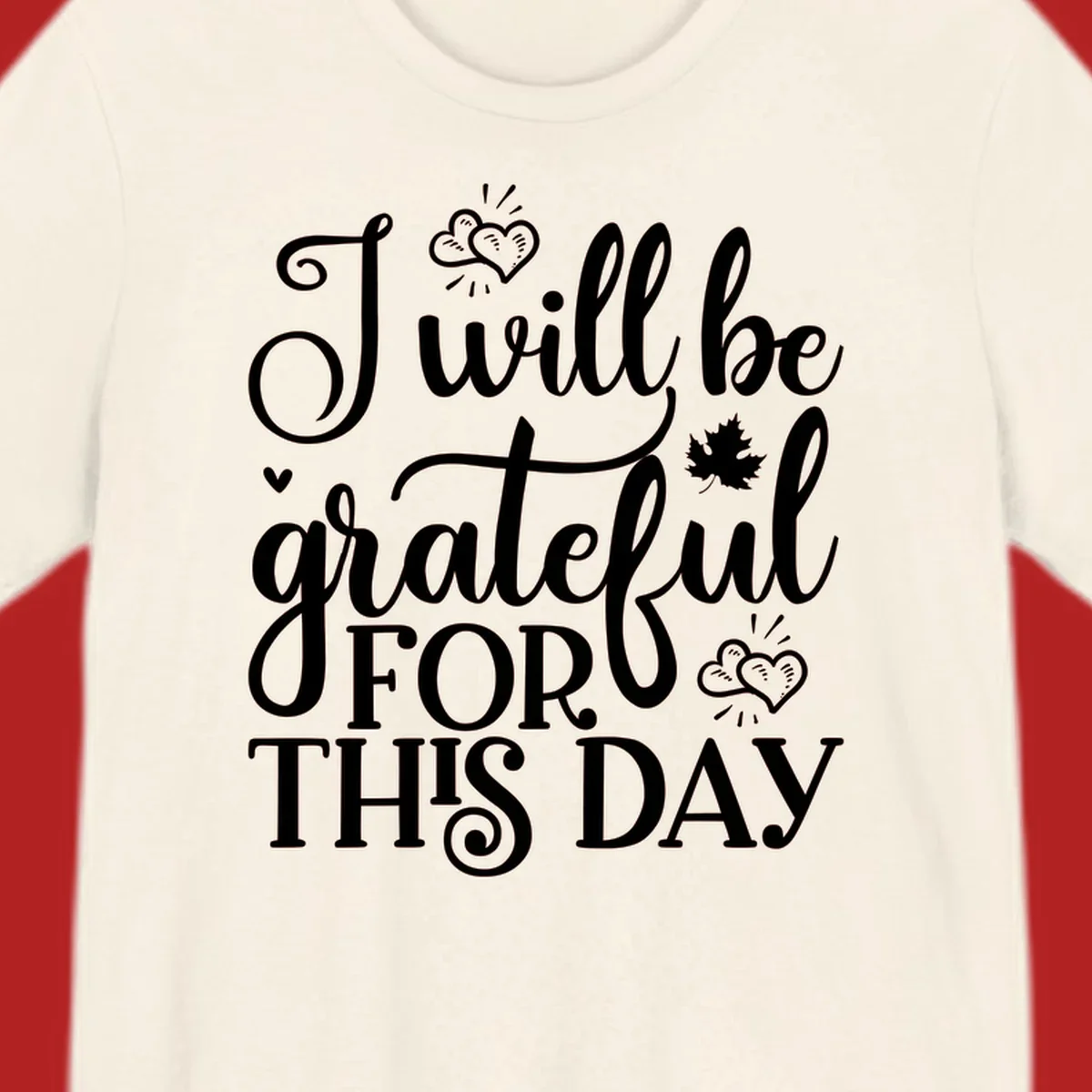 Grateful for this day text with hearts and leaf illustration