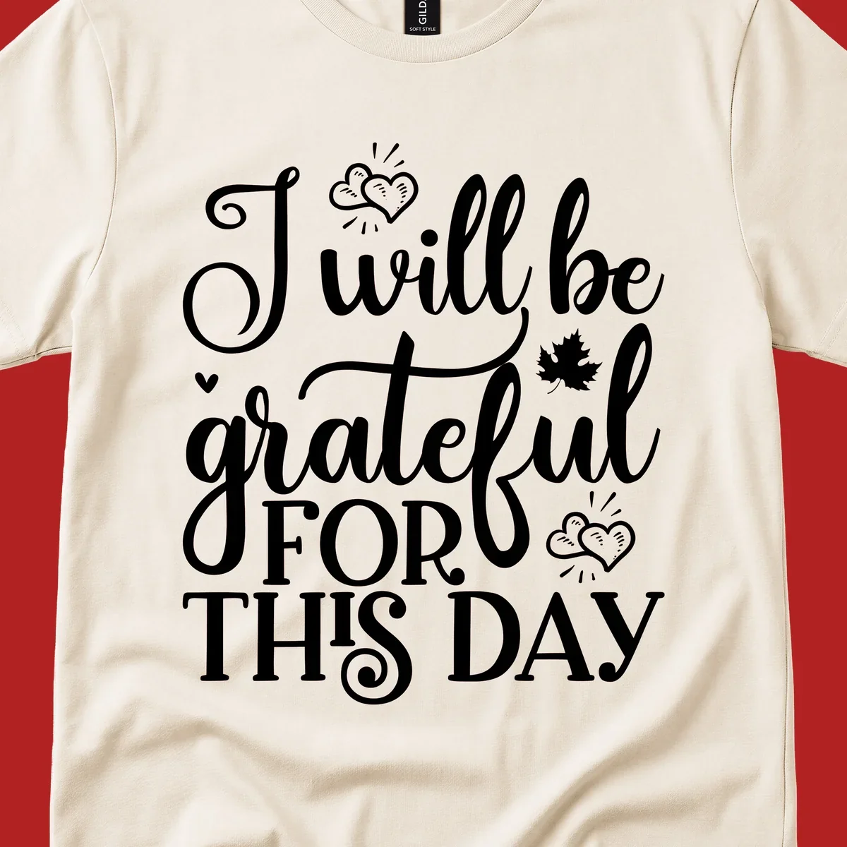 Grateful for this day text with hearts and leaf illustration