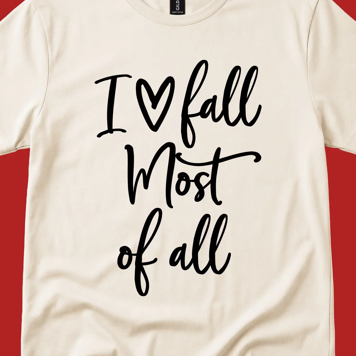 Hand-drawn script text 'I ♡ fall Most of all' in white on a black background.
