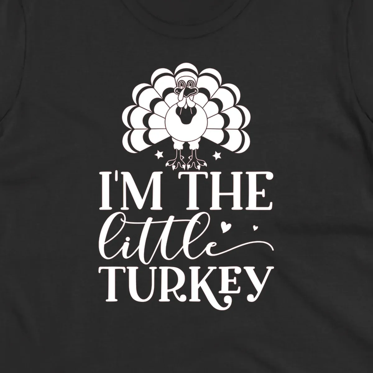 Illustration of a turkey with text 'I'M THE Little TURKEY', for Thanksgiving.