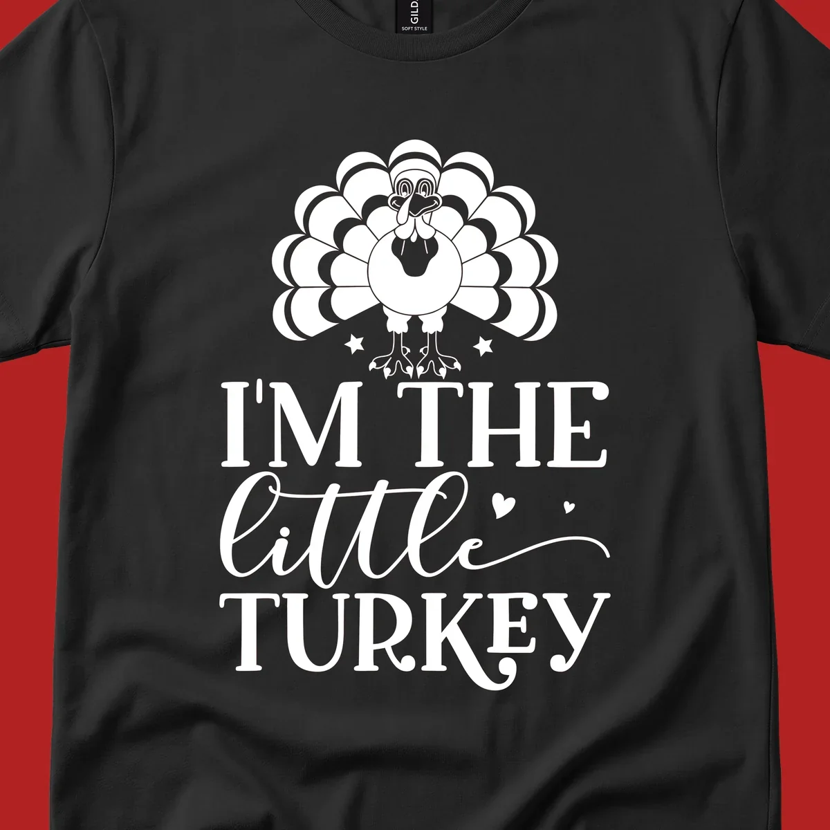 Illustration of a turkey with text 'I'M THE Little TURKEY', for Thanksgiving.