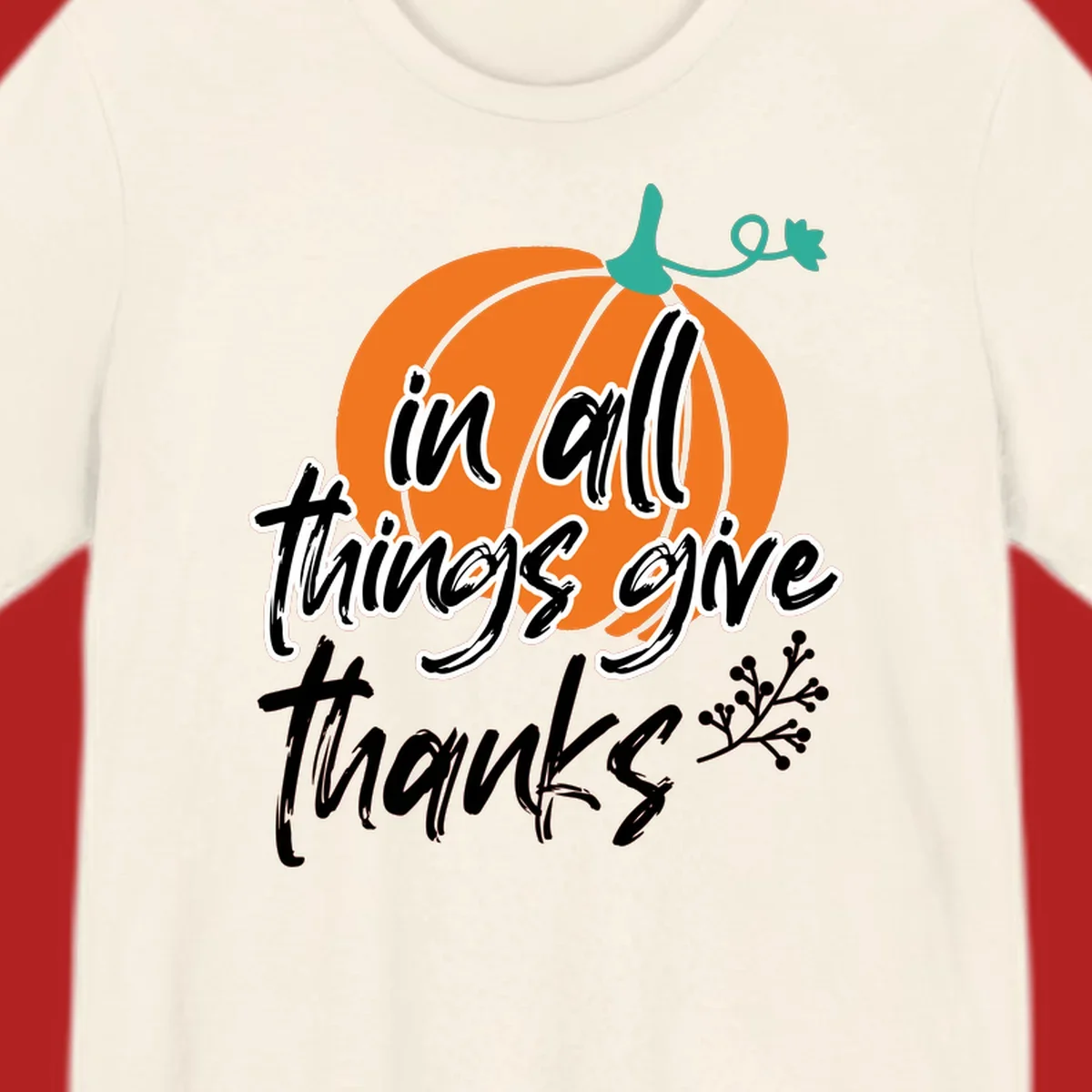 Thanksgiving pumpkin with 'in all things give thanks' text, autumn holiday design.