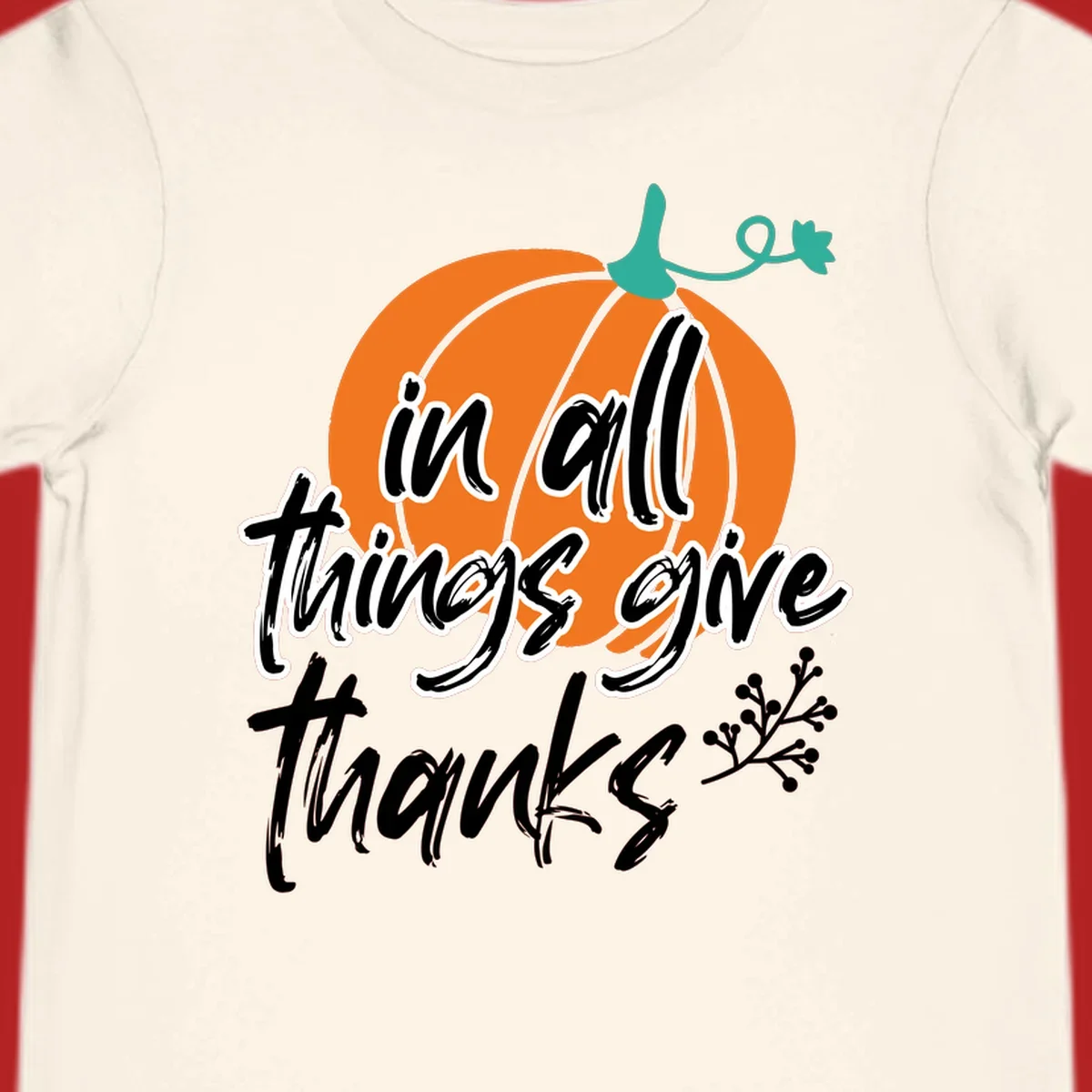 Thanksgiving pumpkin with 'in all things give thanks' text, autumn holiday design.