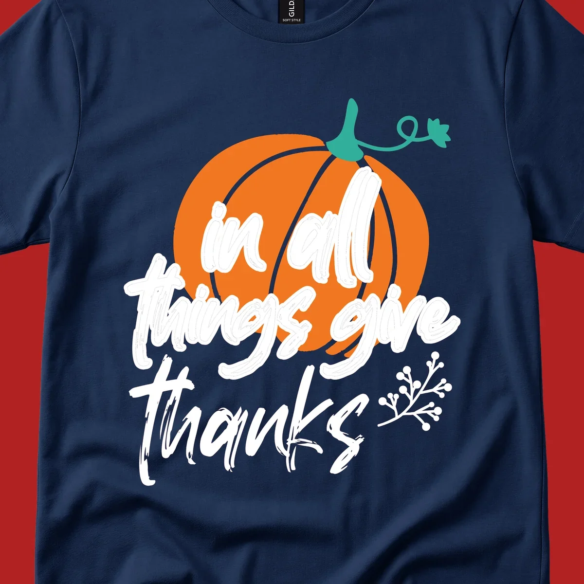 Thanksgiving pumpkin with 'in all things give thanks' text, autumn holiday design.