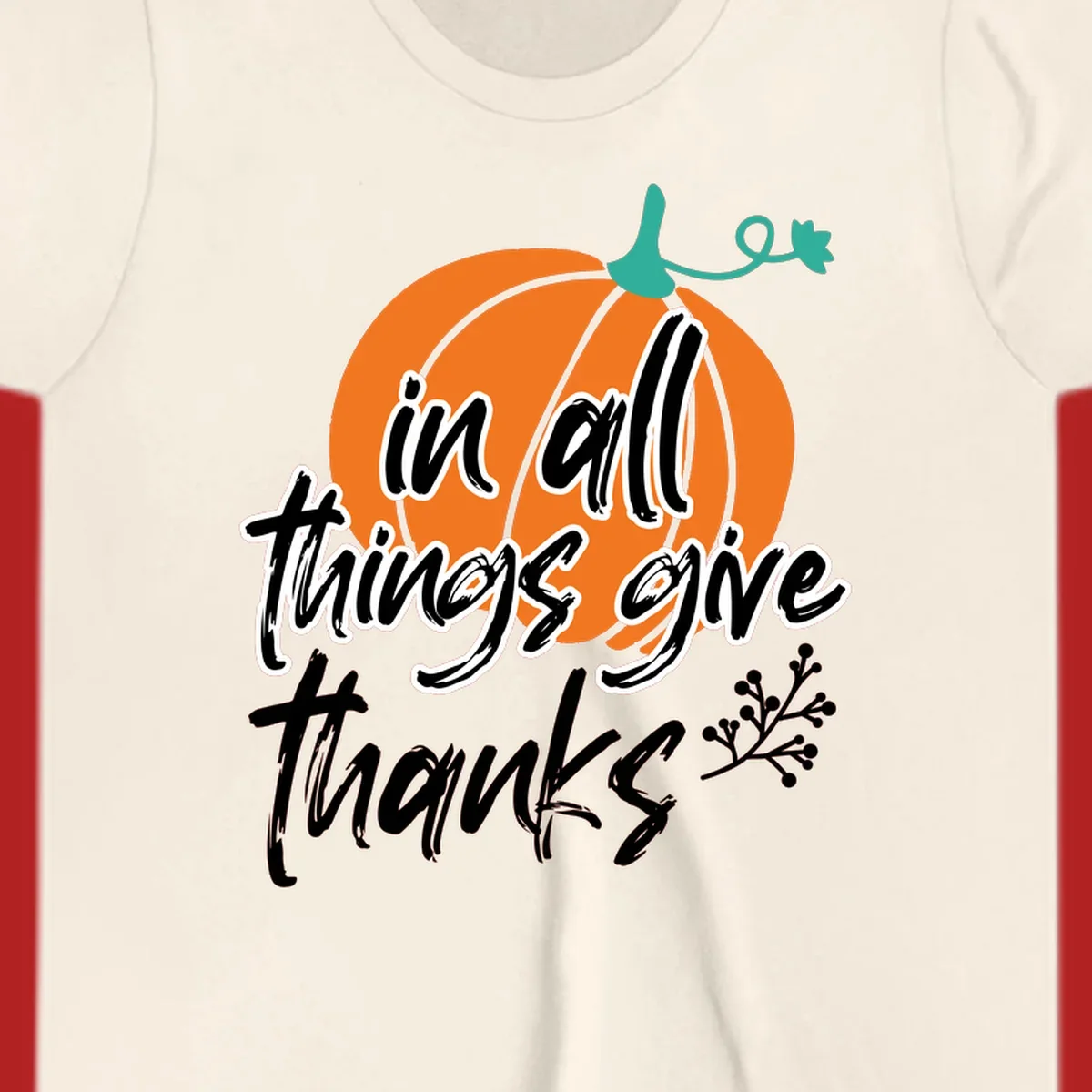 Thanksgiving pumpkin with 'in all things give thanks' text, autumn holiday design.